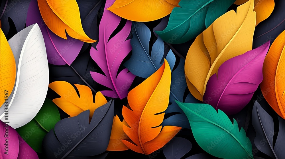 Colorful digital leaves overlap against a dark background, showcasing bright shades of yellow, orange, green, pink, white, and blue.