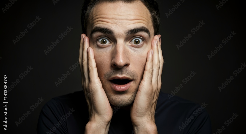 Fototapeta premium Surprised young caucasian male with hands on face in dark background