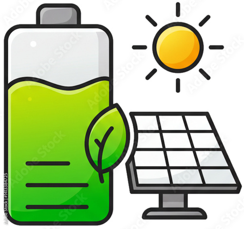 Battery with green level and solar panel.