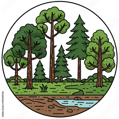Forest landscape with pond and grass.