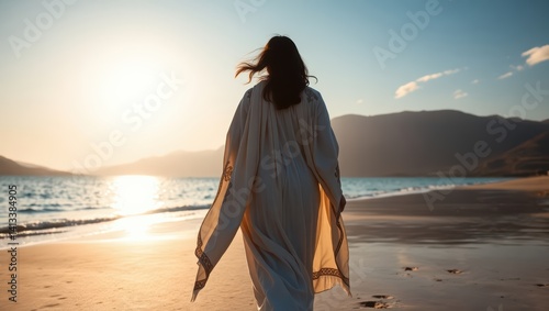 Jesus christ walking on beach at sunrise bible imagery christian faith religious concept