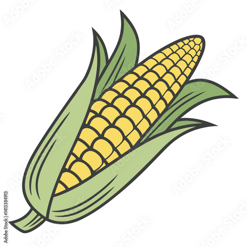 Fresh Yellow Ear of Corn with Green Husk Leaves.