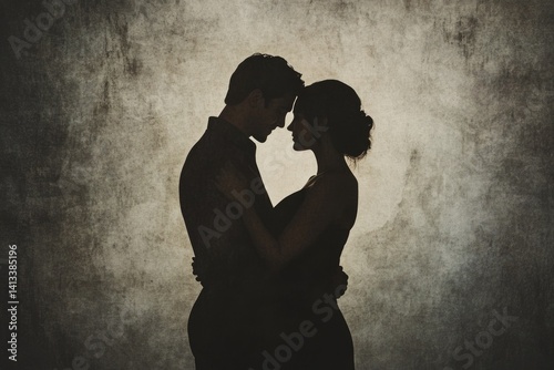 Silhouette of a couple embracing, foreheads touching, against a textured background.