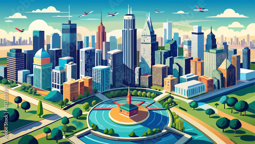Chicago skyline aerial drone view from above, lake Michigan and city of Chicago downtown skyscrapers cityscape bird's view from park, Illinois, USA