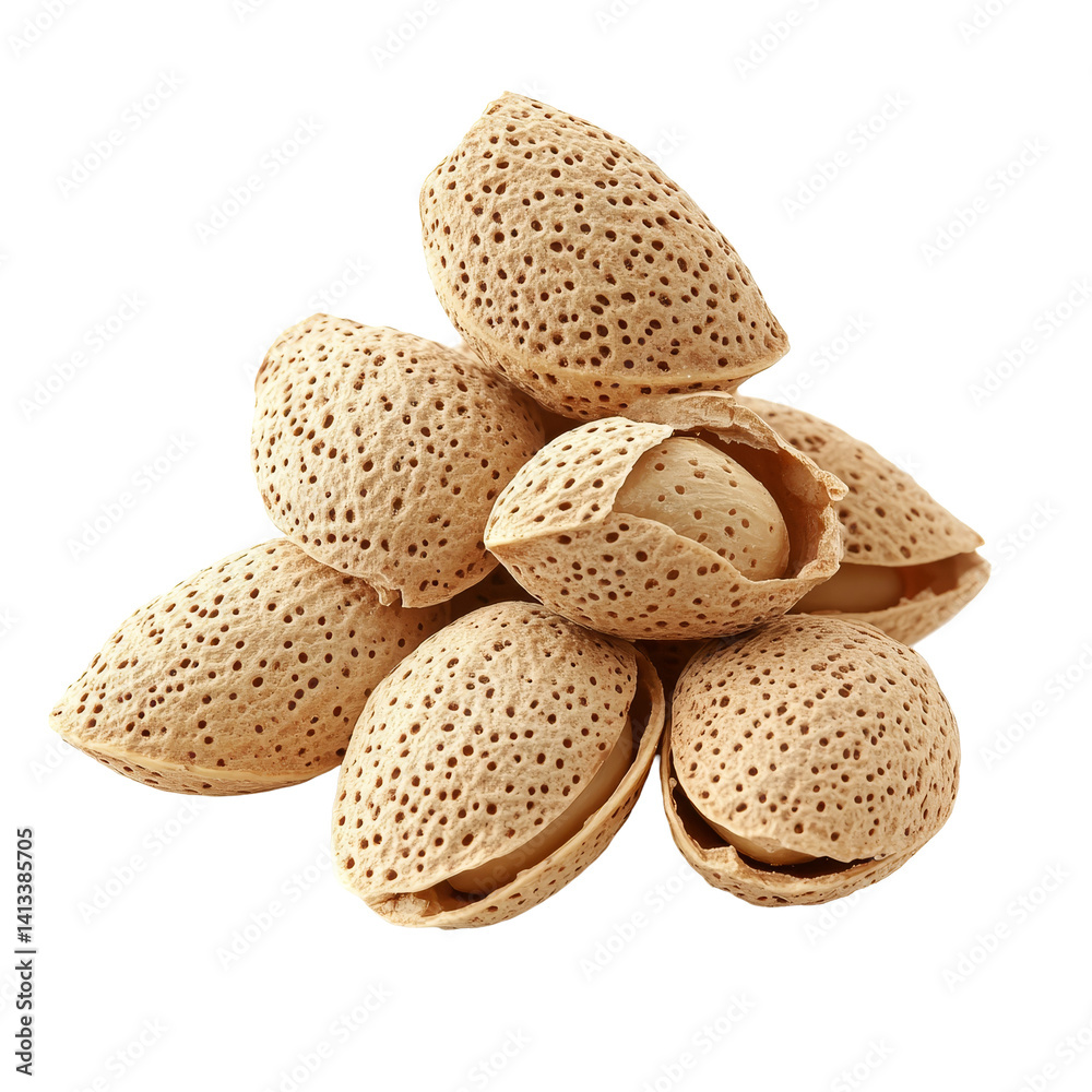Group of whole almonds with shell arranged attractively on a clean surface, Group of almonds with shell isolated Group of whole almonds with shell arranged attractively on a clean surface, Group of almonds with shell isolated