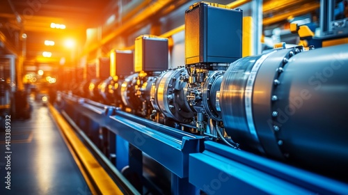 Cutting-edge manufacturing site with roomy assembly lines producing strong engines and mechanical arms that are moving, made with image