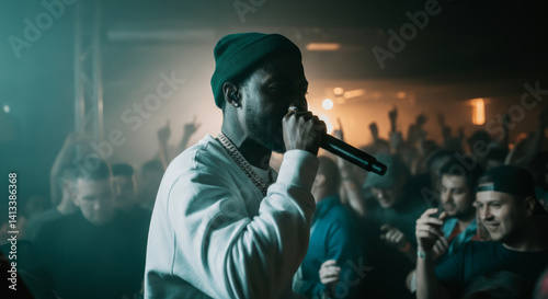 African male rapper performing live at energetic concert with enthusiastic crowd