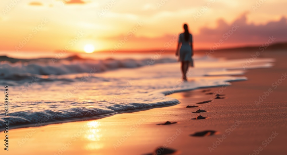 Fototapeta premium Woman walking on beach at sunset footprints in sand summer vacation travel destination