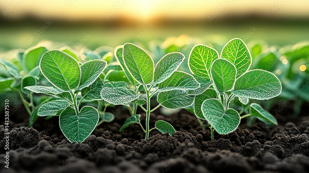 Naklejka premium Young Soybeans Sprouting in a Field at Sunrise