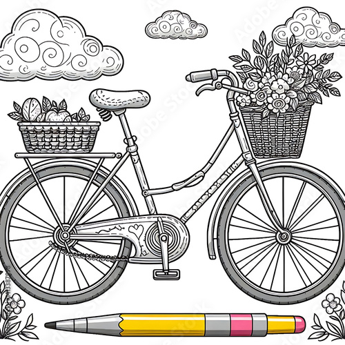 Vector hand drawn illustration of city bicycle in ink hand drawn style. Bike with step-through frame, pannier rack and front wicker basket.