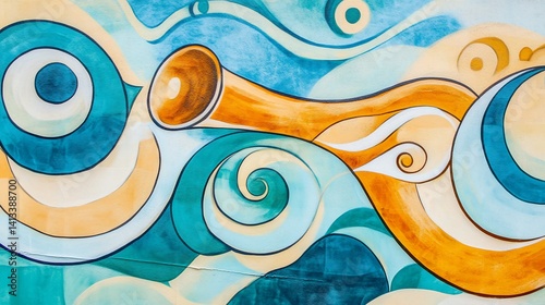 Vibrant mural with swirling colors and abstract shapes
