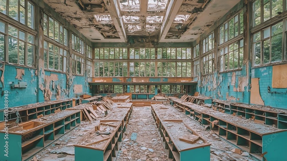 Decaying teal room, debris strewn floor, sunlight through windows