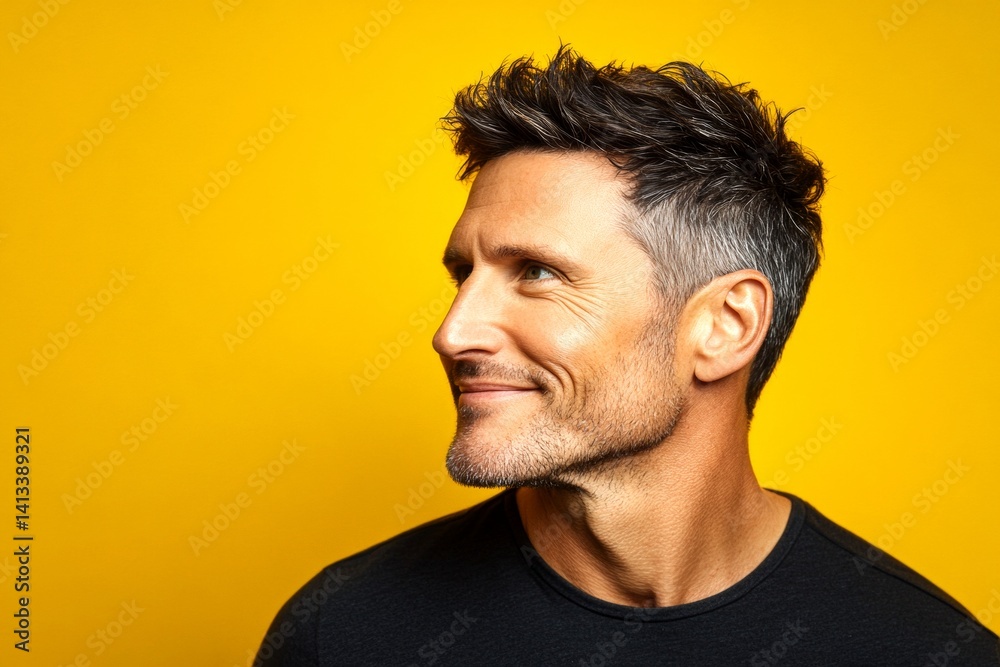 Fototapeta premium Chic men's low fade haircut - midlife white man with black hair. Idea art of style for aging men. Yellow solid background. A joyful male captured in a professional portrait.