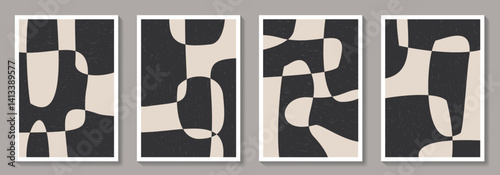 Set of minimalist design posters with black shapes. Abstract monochrome minimal vector illustration. Trendy vintage pattern background for cover design, poster and interior. Bauhaus posters.