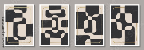 Set of minimalist design posters with black shapes. Abstract monochrome minimal vector illustration. Trendy vintage pattern background for cover design, poster and interior. Bauhaus posters.
