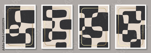 Set of minimalist design posters with black shapes. Abstract monochrome minimal vector illustration. Trendy vintage pattern background for cover design, poster and interior. Bauhaus posters.