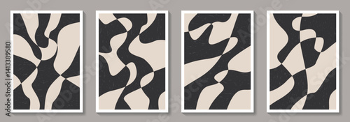 Set of minimalist design posters with black shapes. Abstract monochrome minimal vector illustration. Trendy vintage pattern background for cover design, poster and interior. Bauhaus posters.