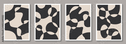 Set of minimalist design posters with black shapes. Abstract monochrome minimal vector illustration. Trendy vintage pattern background for cover design, poster and interior. Bauhaus posters.