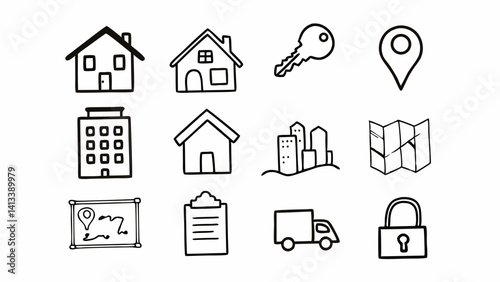 Real Estate Icons: Line style icons for house, apartment, building, for sale sign, key, location pin, map, real estate agent, contract, mortgage, open house, moving truck, and more. Editable stroke.