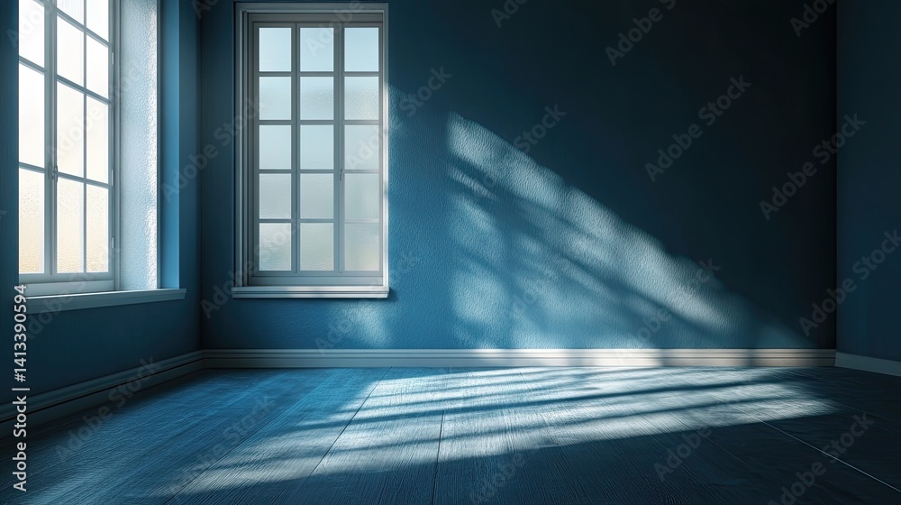 Obraz premium Sunlit Empty Room with Blue Walls and Carpet
