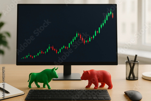 Bull and Bear Market Symbols on Modern Office Desk with Stock Chart