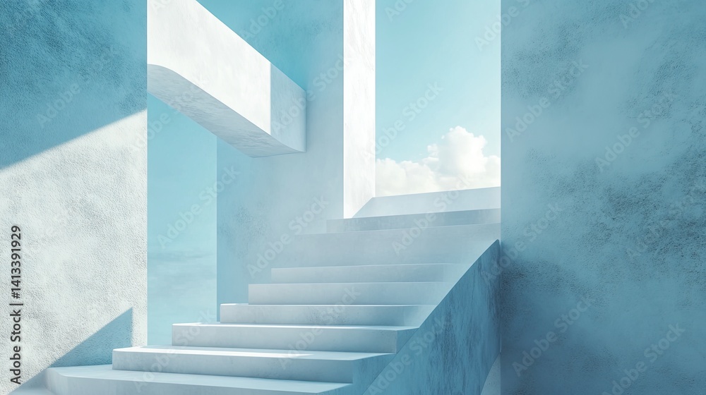 Fototapeta premium White Concrete Staircase Ascending to a Blue Sky