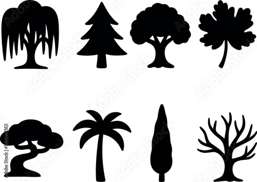 Nature's Silhouettes: A collection of eight tree silhouettes in black, artfully arranged to capture a variety of arboreal forms. These images invite a sense of peace and contemplation.