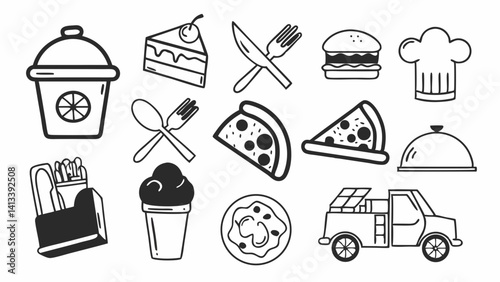 Food Delivery Icons: Line style icons for delivery box, food, restaurant, chef’s hat, fork and knife, pizza, burger, food truck, drink, dessert, takeaway, grocery, delivery app, and more. Editable str