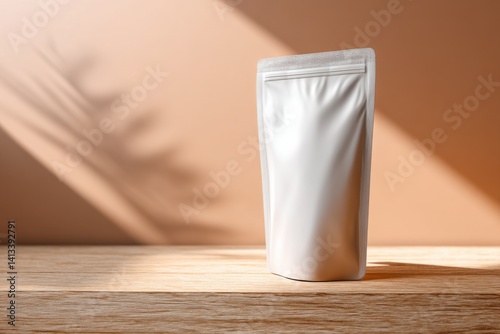 Branding mockup of a refill pouch displayed on a wooden surface with soft shadows and a warm background