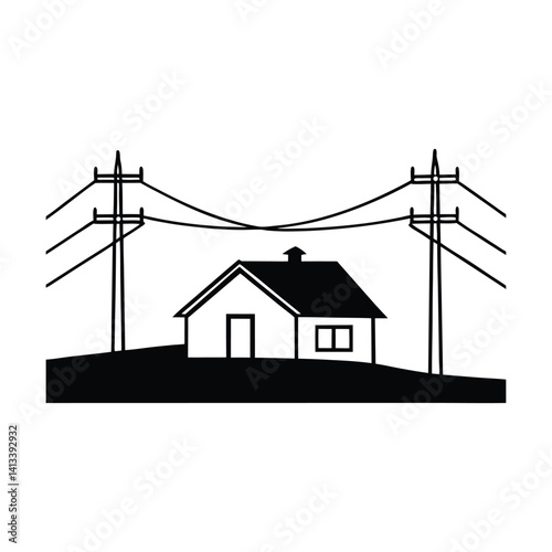 Farmhouse with Power Lines Silhouette