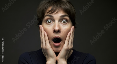 Surprised caucasian female adult expressing shock with wide eyes and open mouth