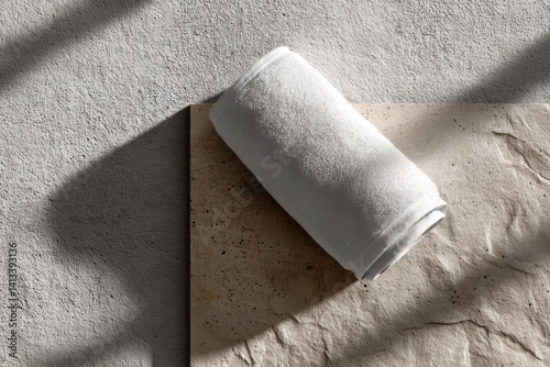 Soft cotton face towel mockup on textured stone surface in natural light