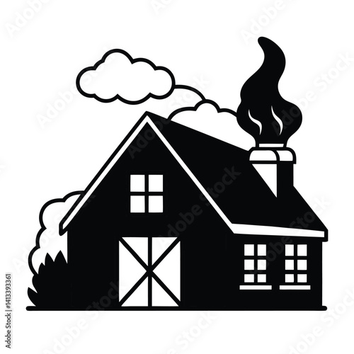 Farmhouse with Smoke Rising Silhouette