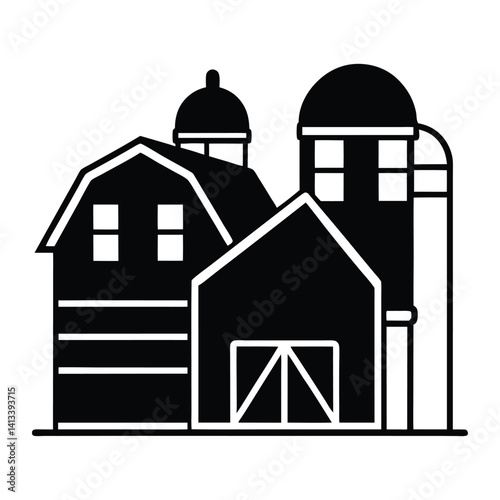 Farmhouse with Twin Silos Silhouette