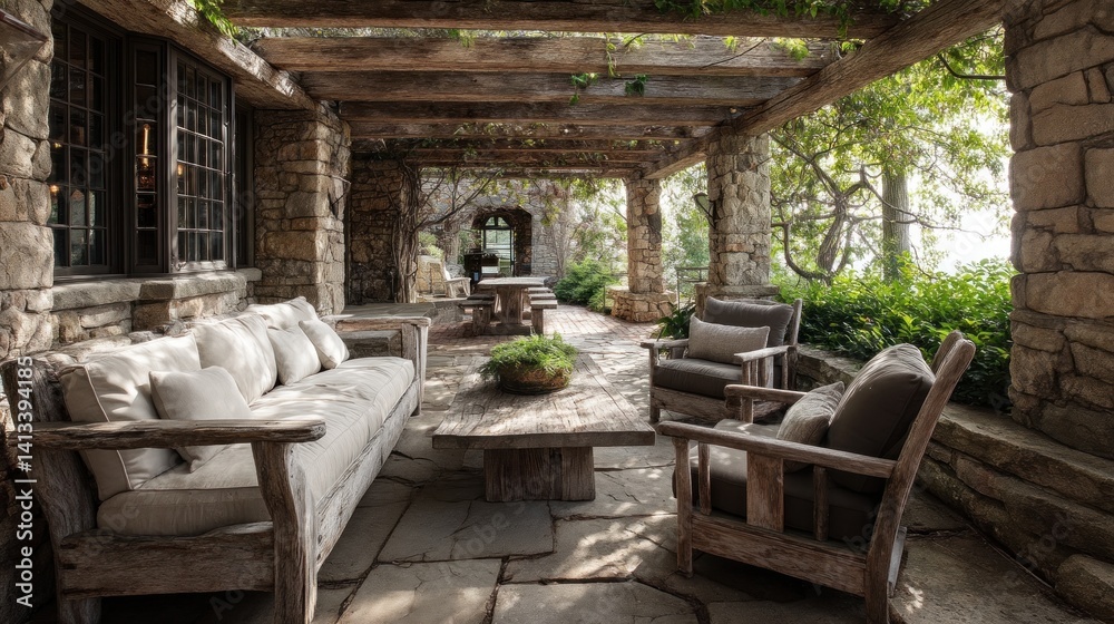 Fototapeta premium Rustic outdoor patio with stone flooring, wooden pergola, and comfortable, weathered seating.