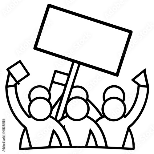 A black and white graphic depicts three people, likely diverse, engaged in a protest.