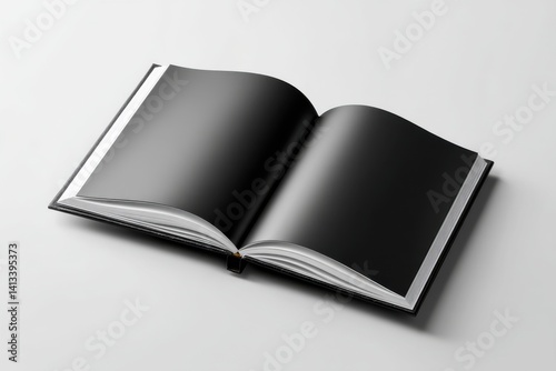 Open black matte cover book mockup on a clean surface displaying blank pages for design and creative presentation