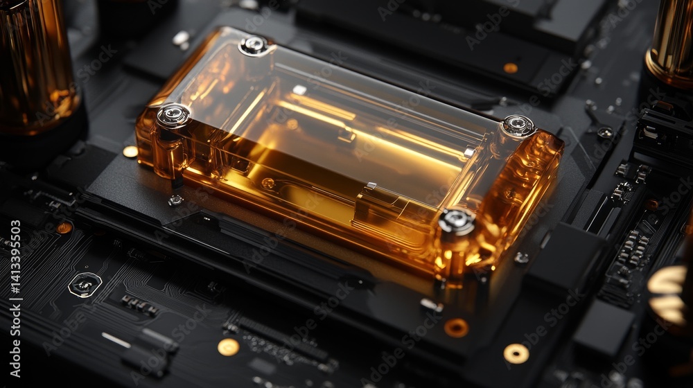 Obraz premium Cybersecurity and digital protection are symbolized by a golden padlock placed on a black circuit board