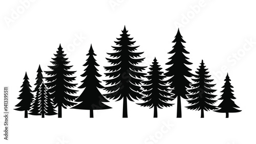 Fir trees silhouettes. Coniferous spruce horizontal background patterns, black evergreen woods vector illustration. Beautiful hand drawn panorama with treetops forest