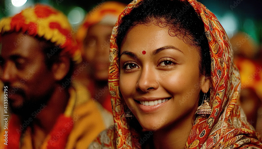 Fototapeta premium Portrait of smiling woman with bindi and traditional attire during a cultural celebration - Generated with AI