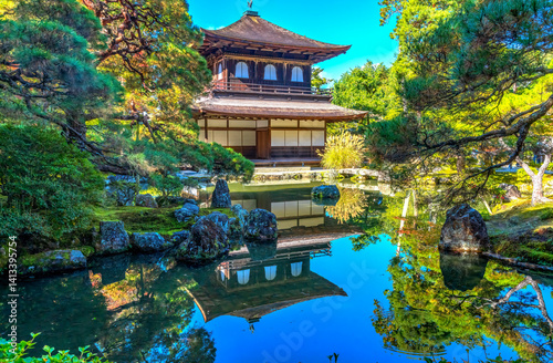 Colorful reflection, Kannon Hall, Ginkakuji (Silver Pavilion) Zen Buddhist Temple, Kyoto, Japan.