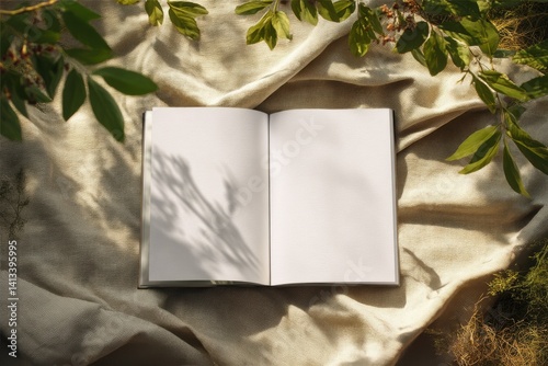 Open book mockup resting on fabric surrounded by natural greenery in soft sunlight