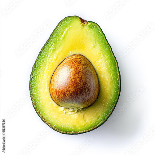Isolated fresh avocado half with pit on plain white background, perfect for food, healthy eating, and organic-themed designs, as well as fresh and vibrant visuals.

