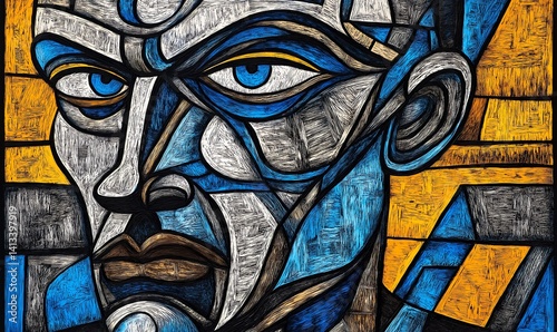 man's face with stern, strong features in stained glass affect