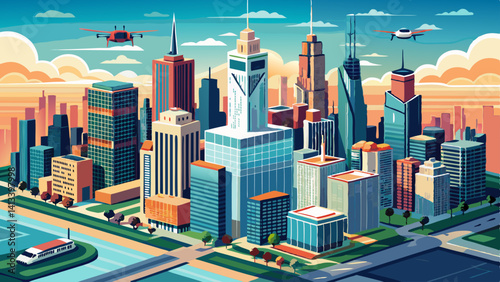 Chicago skyline aerial drone view from above, city of Chicago downtown skyscrapers and lake Michigan cityscape, Illinois, USA