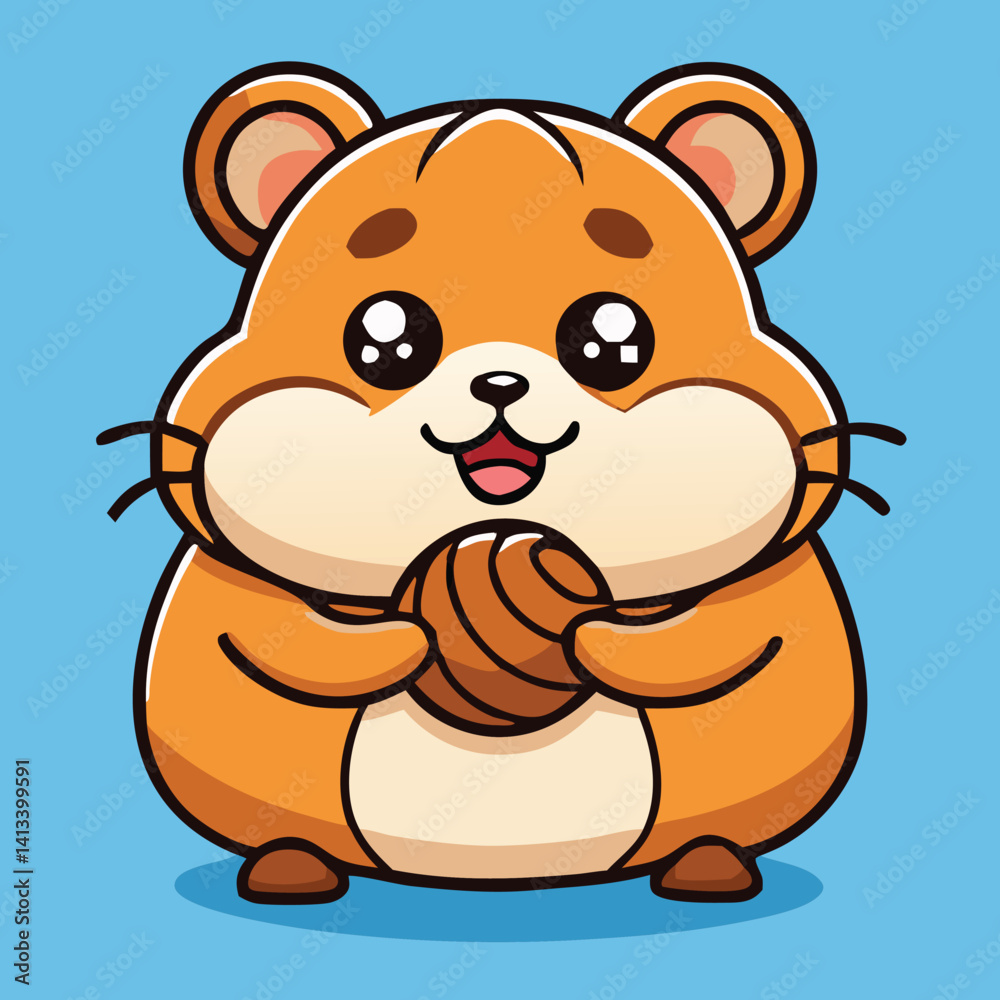 Fototapeta premium Cute Cartoon Hamster Holding Nut Illustration With Kawaii Eyes And Happy Expression