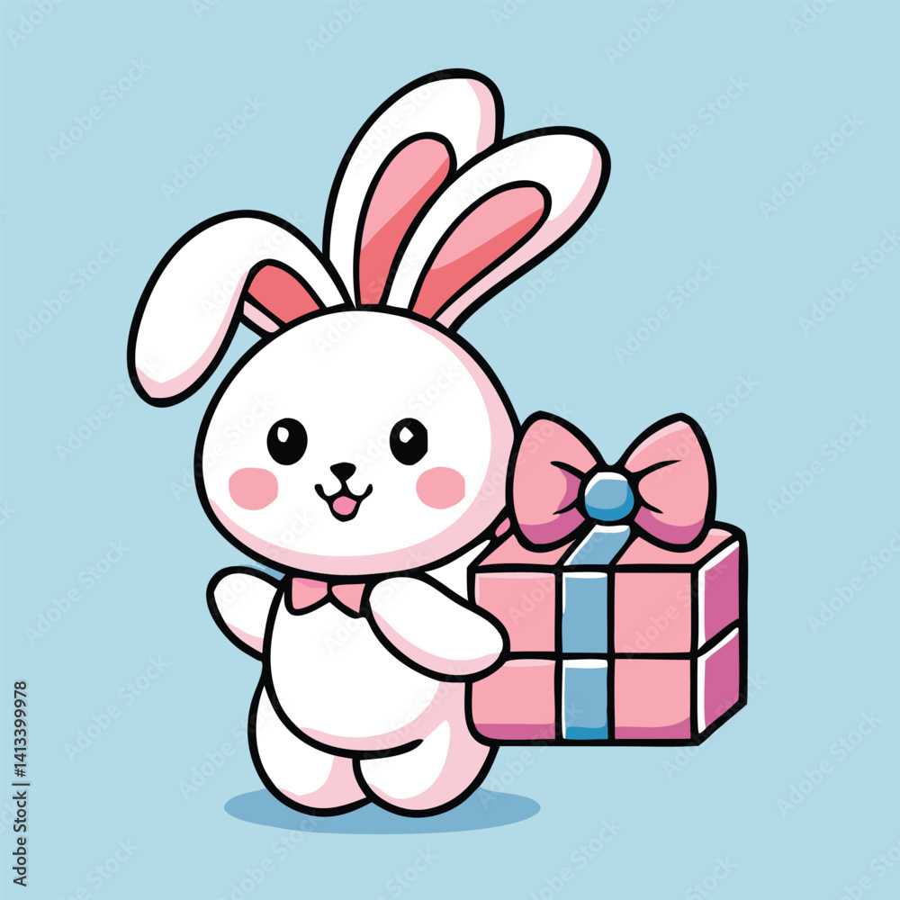 Fototapeta premium Cute Bunny Cartoon Holding Pink Gift Box With Bow On Light Blue Background