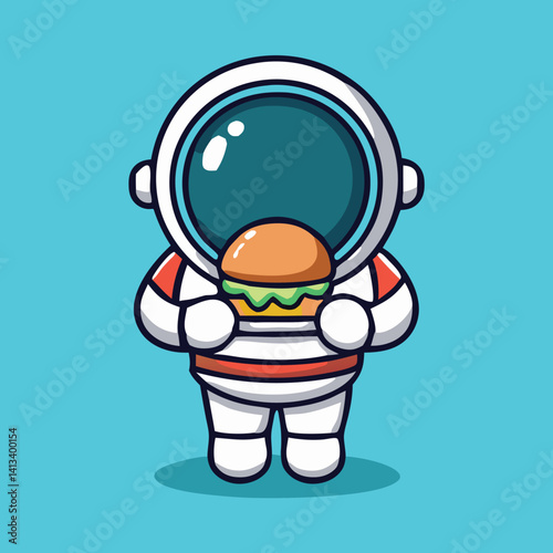 Cartoon Astronaut Holding Burger Illustration Isolated On Blue Background Space Exploration Concept