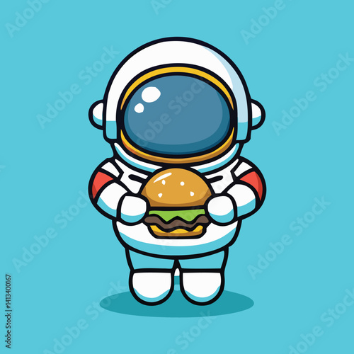Cute Astronaut Cartoon Holding Burger Illustration With Light Blue Background
