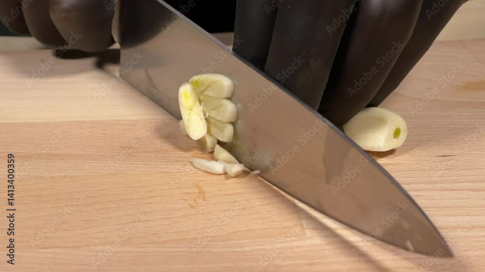 Chef cutting garlic on a wooden board